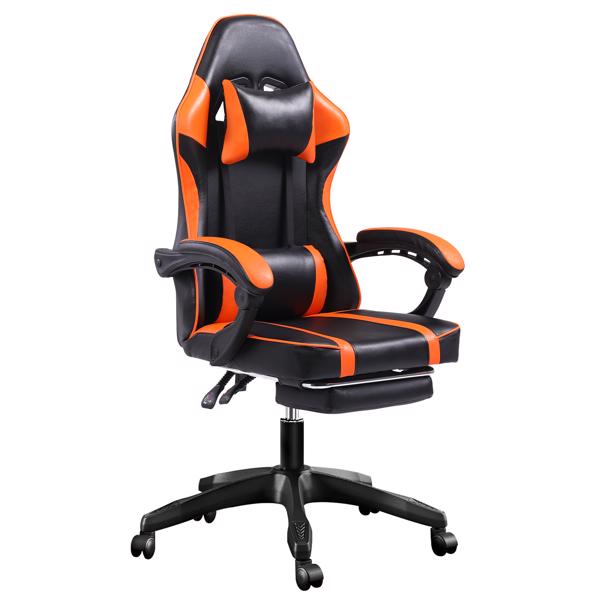 Ergonomic Gaming Chair with Footrest, Comfortable Computer Chair for Heavy People, Adjustable Lumbar Desk Office Chair with 360°-Swivel Seat, PU Leather Video Game Chairs for Adults, Orange