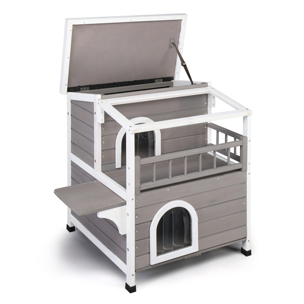  Wooden Cat house 2-Story Indoor Outdoor Luxurious Cat Shelter House with Transparent Canopy, Large Balcony, Openable Weatherproof Roof,Double escape door, Grey&White