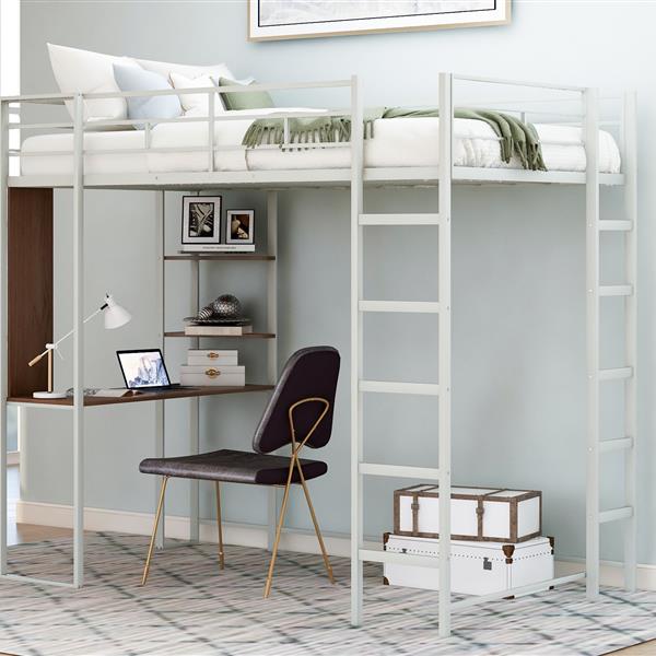 Twin Metal Loft Bed with 2 Shelves and one Desk ,Silver