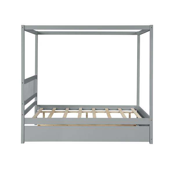 Full Size Canopy Bed with Twin Trundle, Kids Solid Wood Platform Bed Frame w/ Headboard, No Box Spring Needed Grey Color