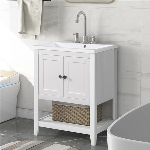 [VIDEO] 24" White Modern Sleek Bathroom Vanity Elegant Ceramic Sink with Solid Wood Frame Open Style Shelf