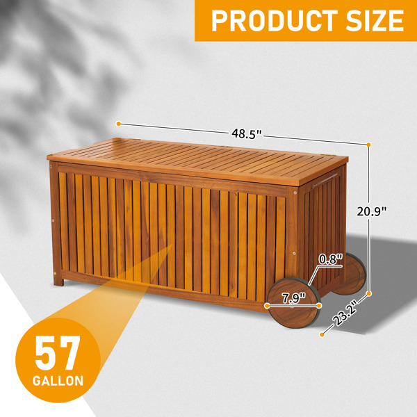 57 Gallon Outdoor Wood Storage Container with 2 Wheels, 2 in 1 Mutifunctional Garden Storage Bench Pool Deck Box, Indoor Outdoor Yard Patio Seat Container, Natural Wood Color