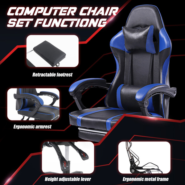 Ergonomic Gaming Chair with Footrest, Comfortable Computer Chair for Heavy People, Adjustable Lumbar Desk Office Chair with 360°-Swivel Seat, PU Leather Video Game Chairs for Adults, Blue