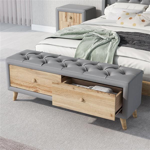 Upholstered Wooden Storage Bench with 2 Drawers For Bedroom,Fully Assembled Except Legs and Handles,Padded Seat with Rubber Wood Leg-Gray