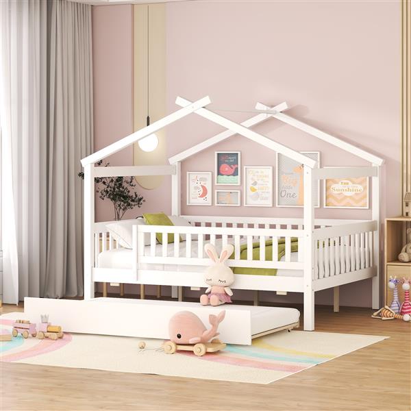 Full Size Wooden House Bed with Twin Size Trundle, White