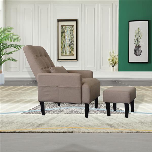 brown living room sofa single chair and ottoman, modern multi-function fabric living room sofa lounge chair bed and stool.   Soft leisure single chair adjustable into 5 angles with sofa bed