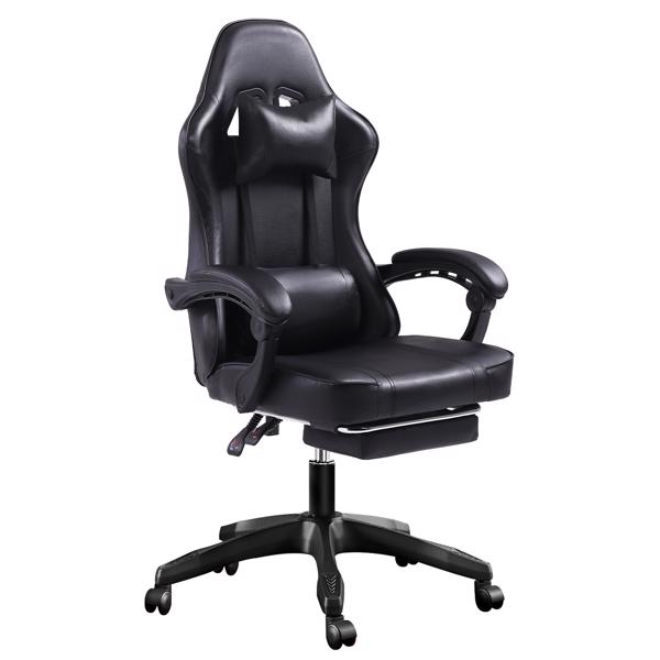 Ergonomic Gaming Chair with Footrest, Comfortable Computer Chair for Heavy People, Adjustable Lumbar Desk Office Chair with 360°-Swivel Seat, PU Leather Video Game Chairs for Adults, Black