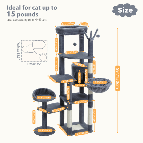 59" Cat Tree,Cat Tower for Large Cats,Multi-Level Cat Tower with 3 Removable Pompom Sticks,Cat Condo with Large Hammock,Scratching Post,and 2 Perches,Deep Grey(Banned shein,unable to ship on weekends)