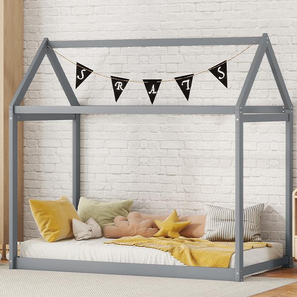 Twin Size Wooden House Bed, Gray