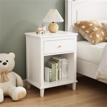 26.77\\'\\'H Wooden Nightstand with One Drawer One Shelf for Kids, Adults, White