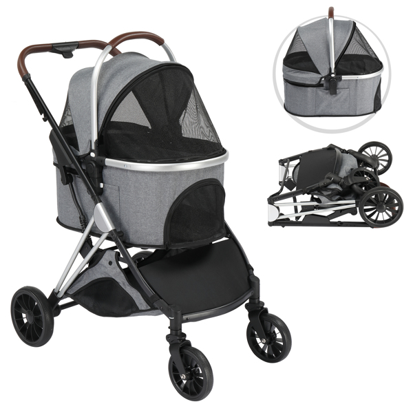 Pet Stroller 3 in 1, Folding Lightweight Dog Stroller with Detachable Carrier & Storage Basket, 4 Wheels Travel Stroller for Puppies Doggies Kitties, Grey