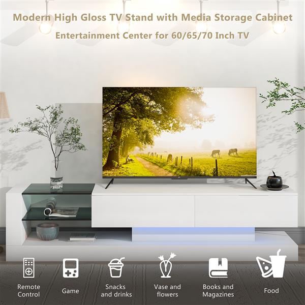 TV Stand with Two Media Storage Cabinets Modern High Gloss Entertainment Center for 75 Inch TV, 16-color RGB LED Color Changing Lights for Living Room, White