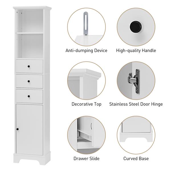 White Tall Bathroom Cabinet,  Storage Cabinet with 3 Drawers and Adjustable Shelf, MDF Board with Painted Finish