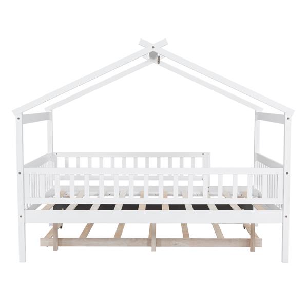 Full Size Wooden House Bed with Twin Size Trundle, White