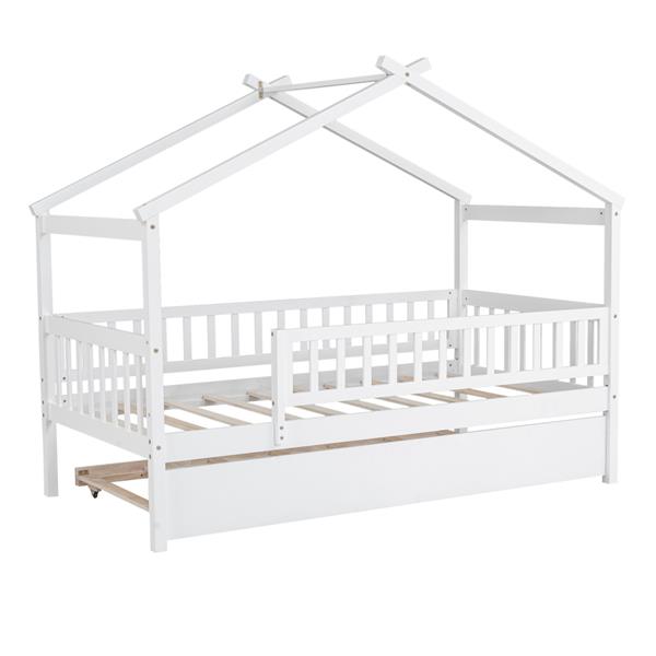 Twin Size Wooden House Bed with Twin Size Trundle, White