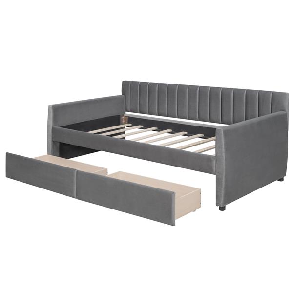 Twin Size Upholstered daybed with Drawers, Wood Slat Support, Gray