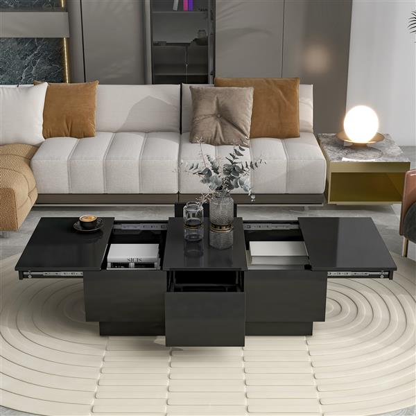 [VIDEO provided] Coffee Table with 2 large Hidden Storage Compartment, Extendable Cocktail Table with 2 Drawers, High-gloss Center Table with Sliding Top for Living Room, 39.3"x21.6", Black