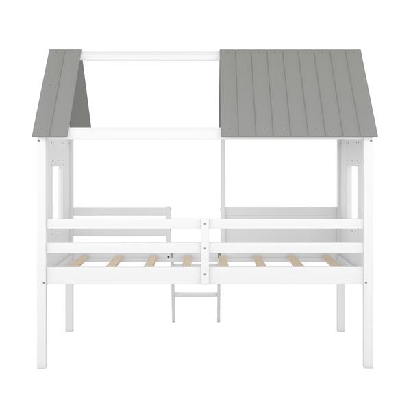 Twin Size Low Loft Wood House Bed with Two Side Windows  (White+Gray)