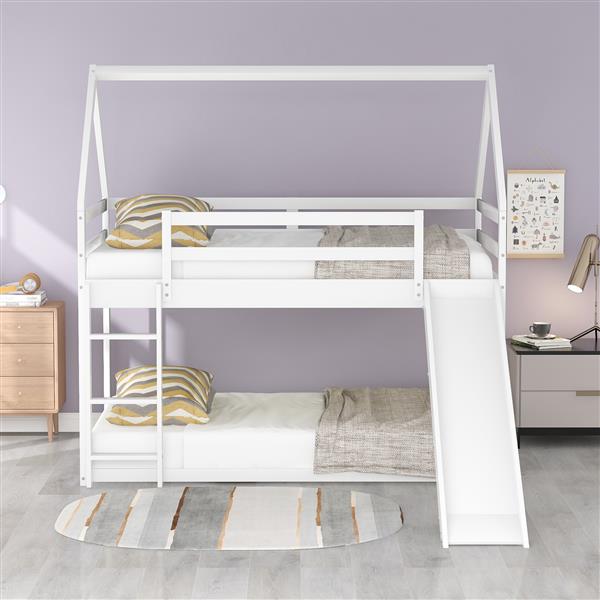 Twin Size Bunk House Bed with Slide and Ladder,White