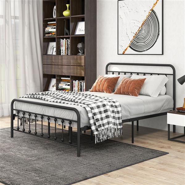 Metal Bed Frame Queen Size Platform No Box Spring Needed with Vintage Headboard and Footboard  Premium Steel Slat Support/Black