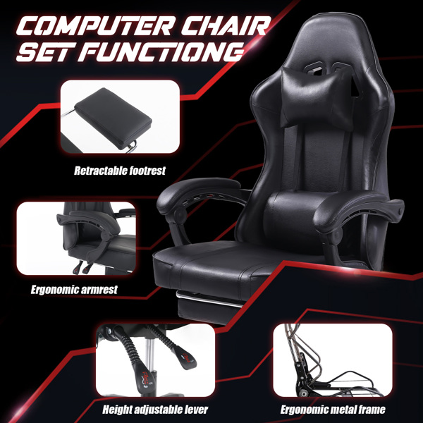 Ergonomic Gaming Chair with Footrest, Comfortable Computer Chair for Heavy People, Adjustable Lumbar Desk Office Chair with 360°-Swivel Seat, PU Leather Video Game Chairs for Adults, Black