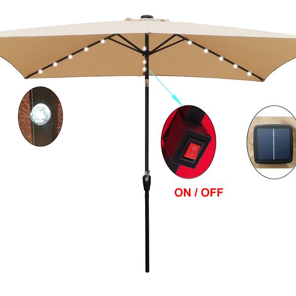 10 x 6.5t Rectangular Patio Solar LED Lighted Outdoor Market Umbrellas  with Crank and Push Button Tilt for Garden Shade Swimming Poo