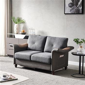 Living Room General Use Linen <b style=\\'color:red\\'>Fabric</b> Faux Leather with Wood Leg Love Seat (Dark Grey)