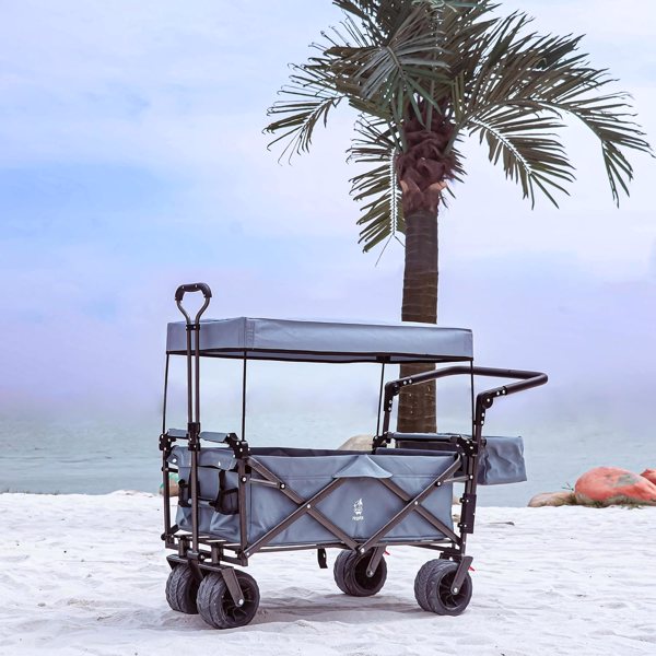 Collapsible Wagon Heavy Duty Folding Wagon Cart with Removable Canopy, 4" Wide Large All Terrain Wheels, Brake, Adjustable Handles,Cooler Bag Utility Carts for Outdoor Garden Wagons Carts Beach Cart