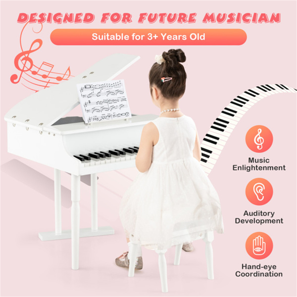 White Kids Piano 30-Key Keyboard Toy with Bench Piano Lid and Music Rack