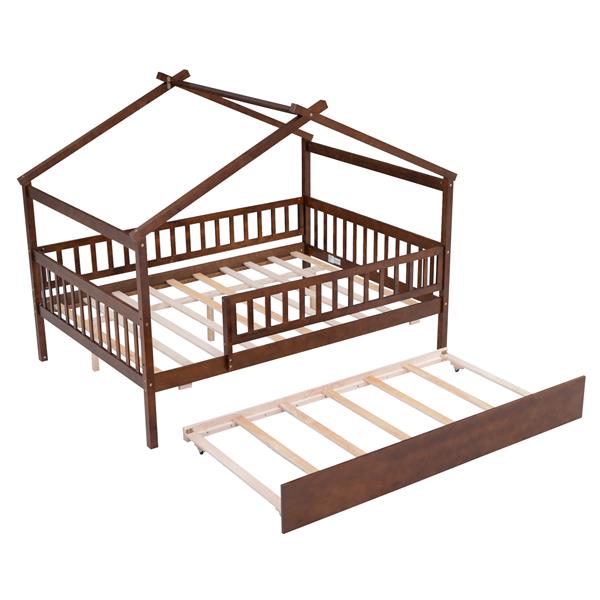 Full Size Wooden House Bed with Twin Size Trundle, Walnut