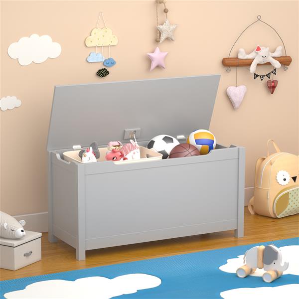 Kids Wooden Toy Box Storage with Safety Hinged Lid for Ages 2+ (Gray)