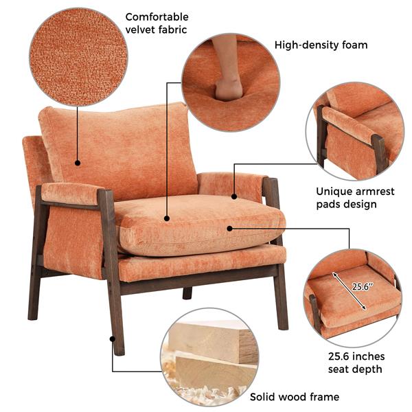 Mid-Century Modern Velvet Leisure Chair with Solid Wood and Thick Seat Cushion for Living Room,Bedroom,Studio,Orange