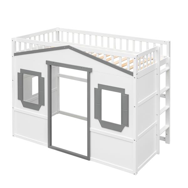 Twin Size House Loft Bed With Ladder-White+Gray Frame