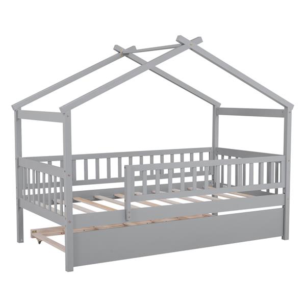 Twin Size Wooden House Bed with Twin Size Trundle, Gray