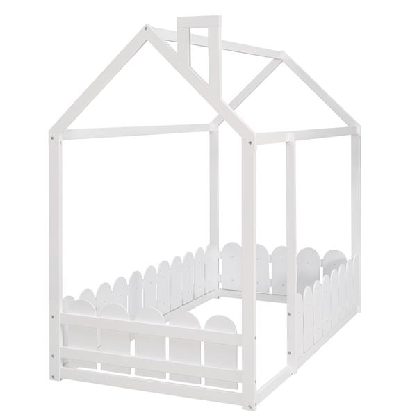 {Slats are not included}Twin Size Wood Bed House Bed Frame with Fence,for Kids,Teens, Girls,Boys {White