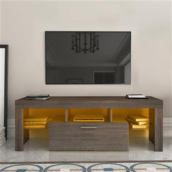 20 minutes quick assembly brown simple modern TV stand with the toughened glass shelf Floor cabinet Floor TV wall cabinet Brown TV bracket with LED Color Changing Lights for Living Room