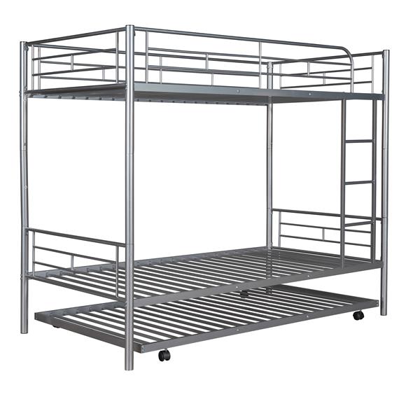 Twin-Over-Twin Metal Bunk Bed With Trundle,Can be Divided into two beds,No Box Spring needed ,White