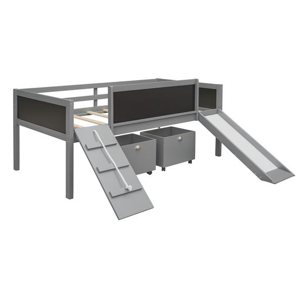 Twin size Loft Bed Wood Bed with Two Storage Boxes - Gray