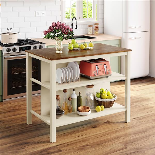 Solid Wood Rustic 45" Stationary Kitchen Island, Rubber Wood Butcher Block Dining Table Prep Table with 2 Open Shelves for Small Places,Walnut+Cream White