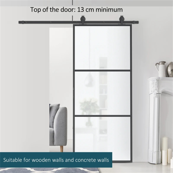 36"  x 84" Sliding bathroom Door with 6FT Hardware Kit and Handle, Industrial Frosted Tempered Glass Door with Carbon Steel