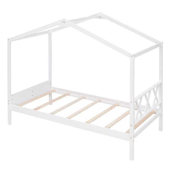 Twin Size Wood House Bed with Storage Space, White