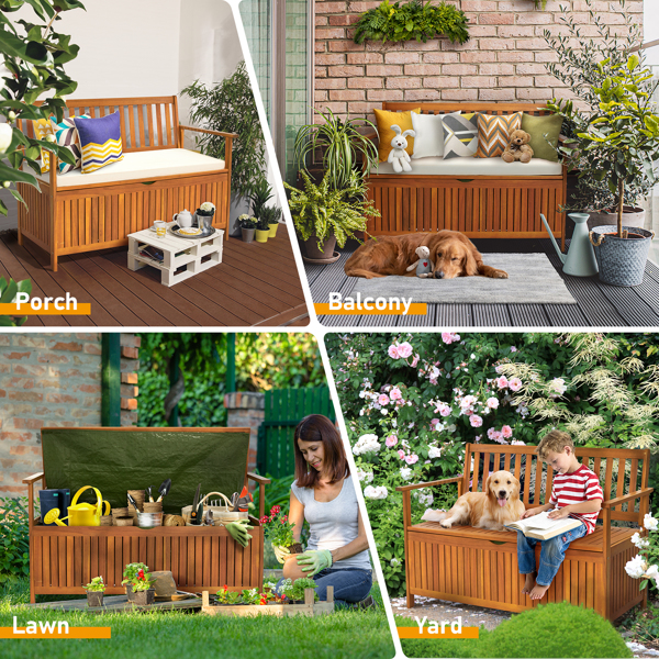 Wooden Outdoor Storage Bench Large Deck Box, Entryway Storage Bench with Inner Waterproof Dustproof Lining for Patio Garden Balcony Yard, Natural Wood Color