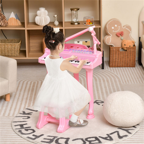 Pink Kids Piano 31 Keys Kids Piano Keyboard with Stool and Piano Lid