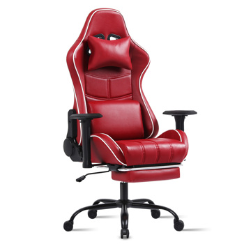 Computer Gaming Chairs for Adults, Ergonomic Computer Chair for Heavy People, Adjustable Lumbar Office Desk Chair with Footrest, 360°-Swivel Seat PU Leather Gamer Chair, Red