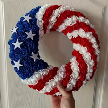 13Inch Patriotic Roses Wreath, 4th of July Summer Soft Touch Foam Roses Wreath for The Front Door, Memorial Day Artificial Flowers Wreath for Indoor and outdoor, 2Pcs