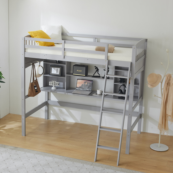 Loft bed with shelf with desk inclined ladder gray twin wooden bed pine particle board