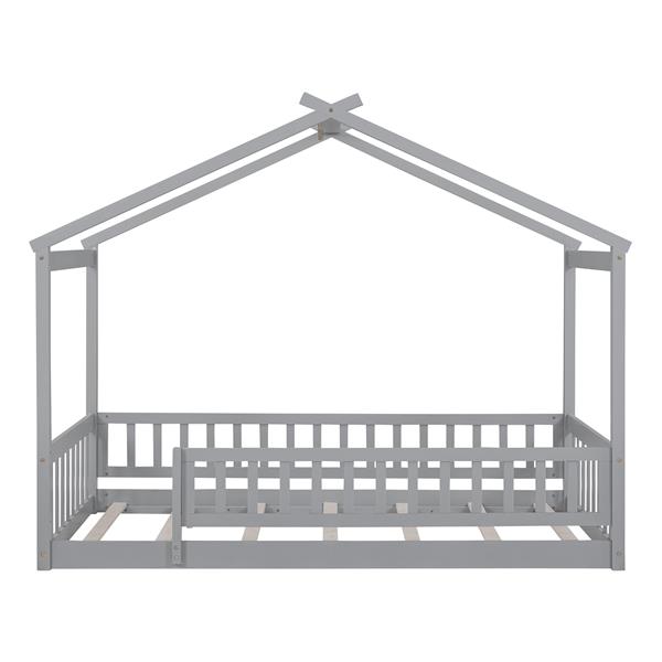 Twin Size Wood Bed House Bed Frame with Fence, for Kids, Teens, Girls, Boys, Gray