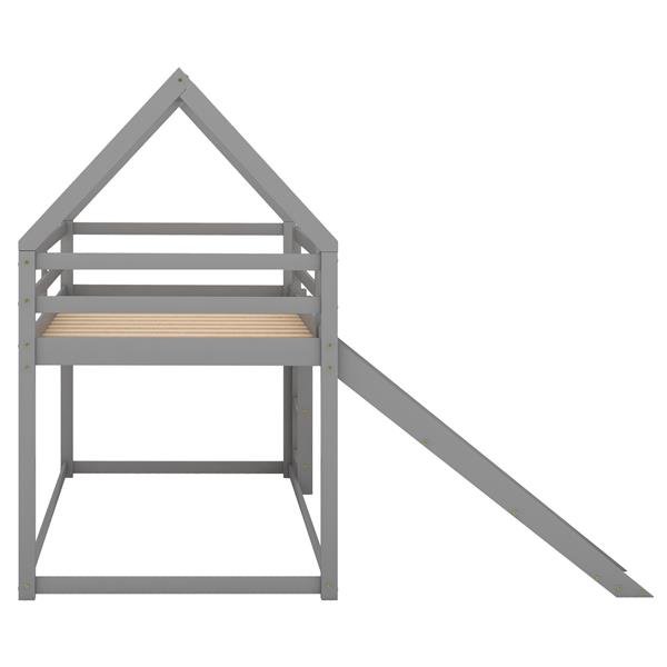 Twin Size Bunk House Bed with Slide and Ladder,Gray