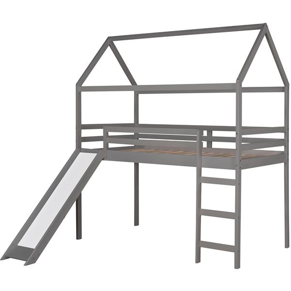 Twin Loft Bed with Slide, House Bed with Slide,Gray