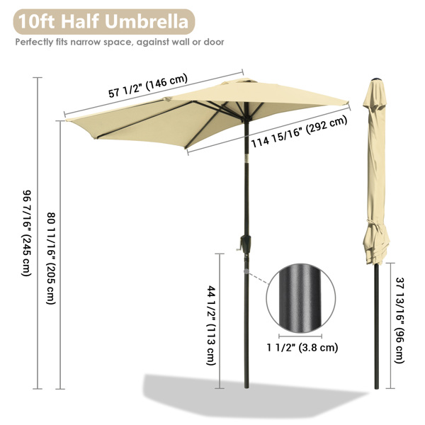 10 ft Half Round Outdoor Patio Market Wall Umbrella with Tilt   Button,Outdoor Patio Half Umbrella Tilt System Metal Frame Sun Shade